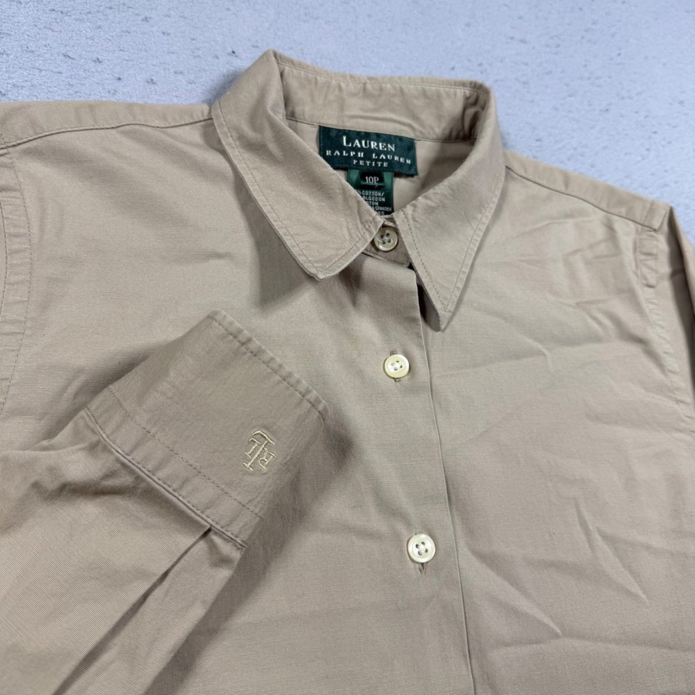 Lauren Ralph Lauren Petite Tan Khaki Cotton Blend Button Down Shirt 10P